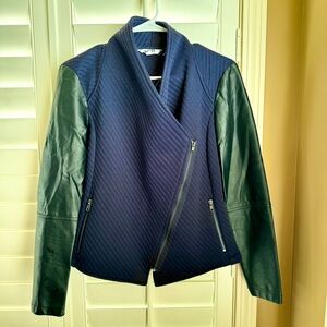 BB Dakota Navy Quilted Moto Jacket Faux Leather Sleeves Size S Streetwear
